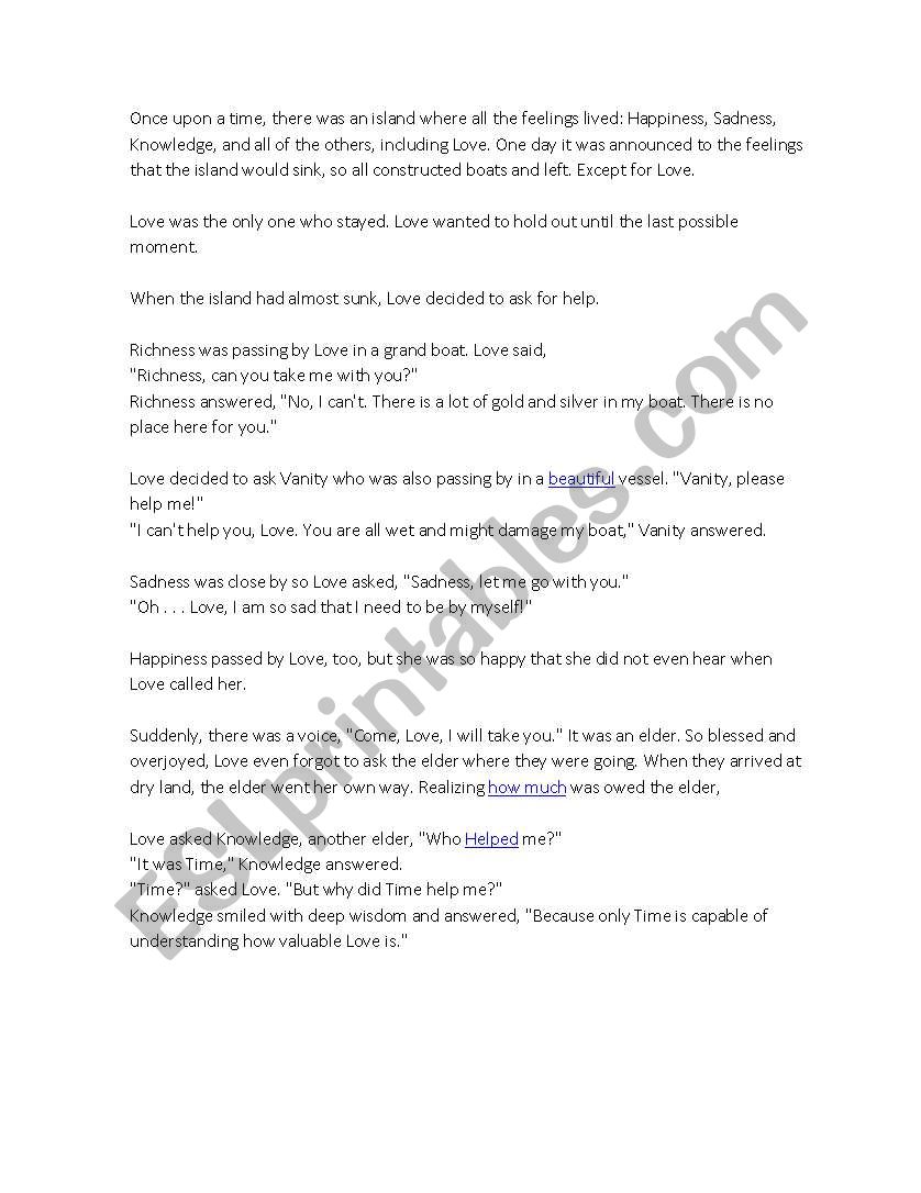 The Love Short story worksheet