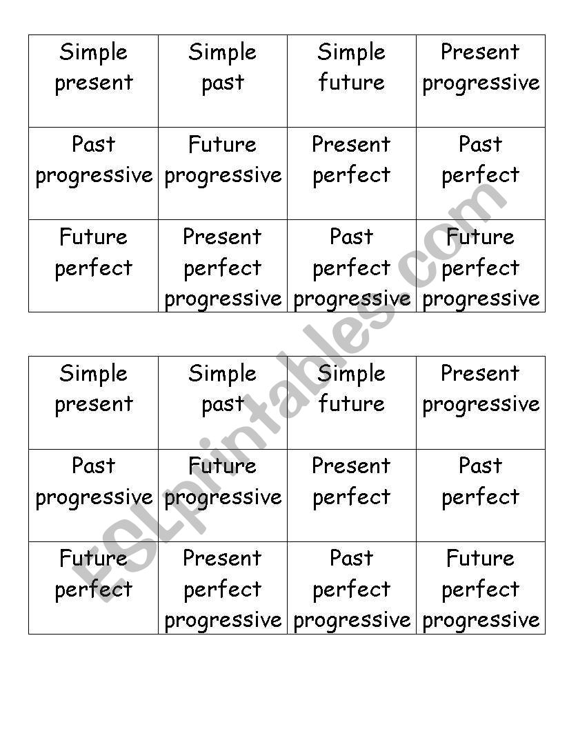 Verb tense cards for verb tense game