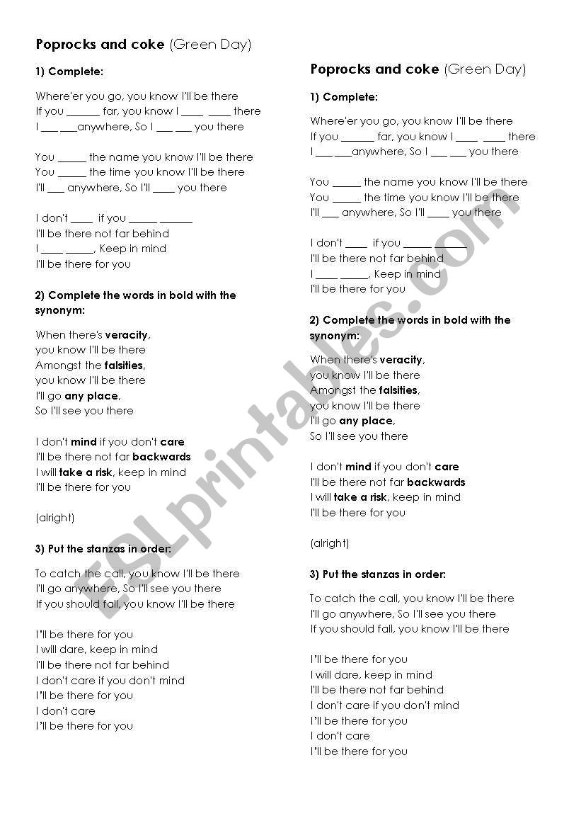 Poprocks and coke (Green Day) worksheet