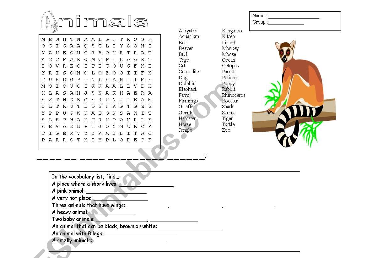 Animals mystery word worksheet