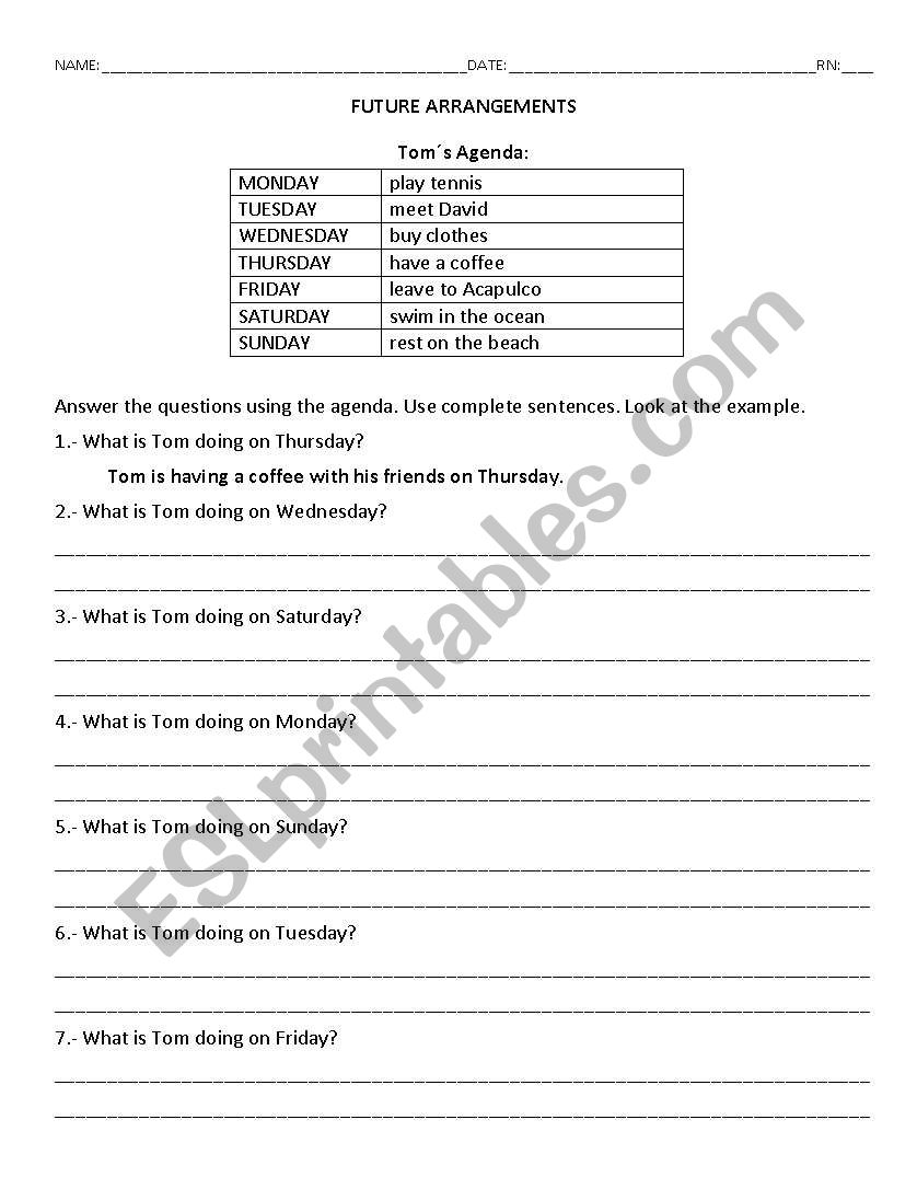 Future Arrangements worksheet