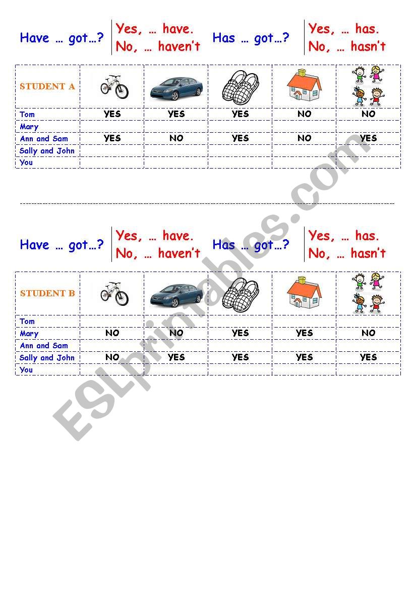 Have got (Speaking practice, pair work)