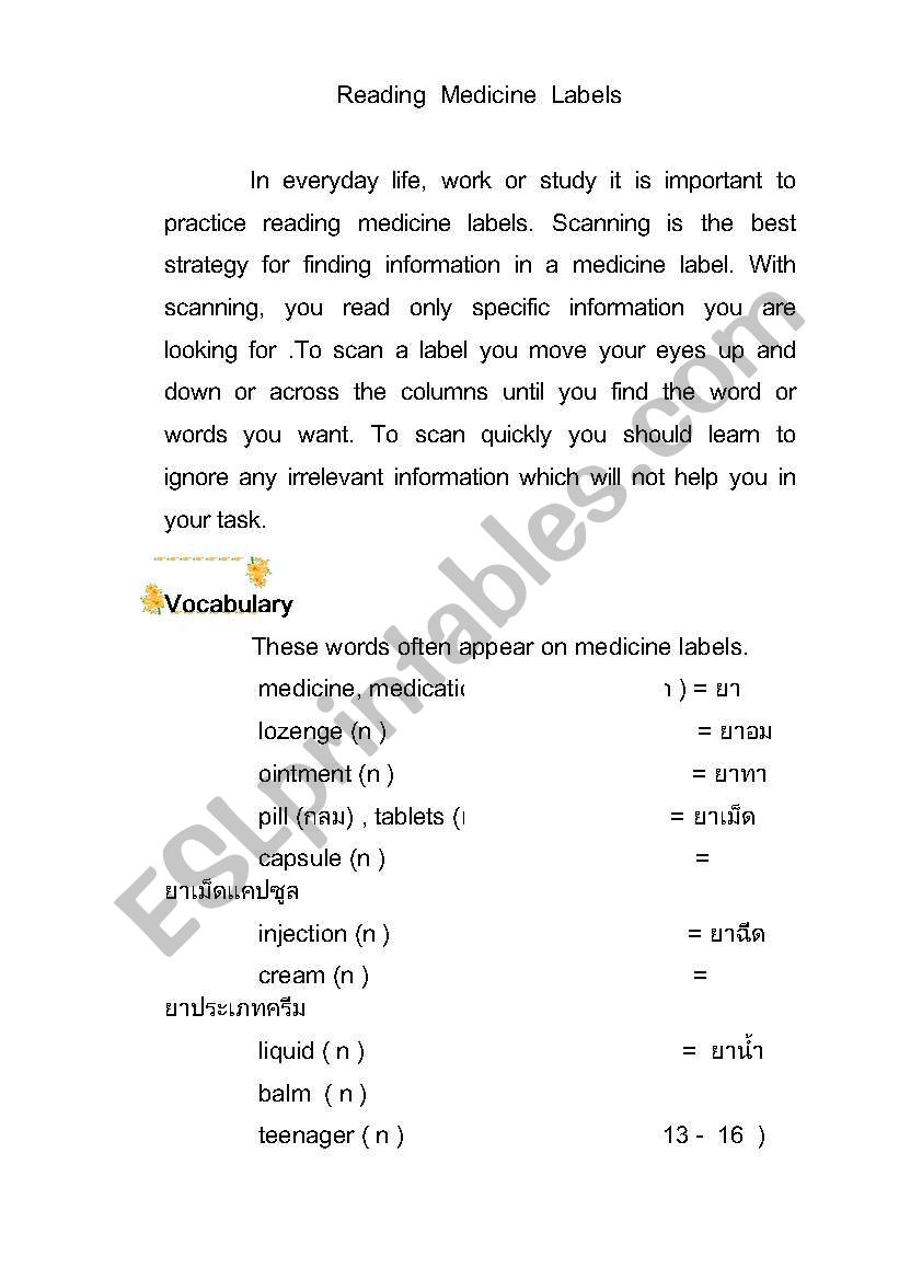 reading medicine labels 1 worksheet