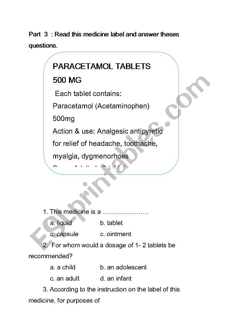 reading medicine labels 2 worksheet
