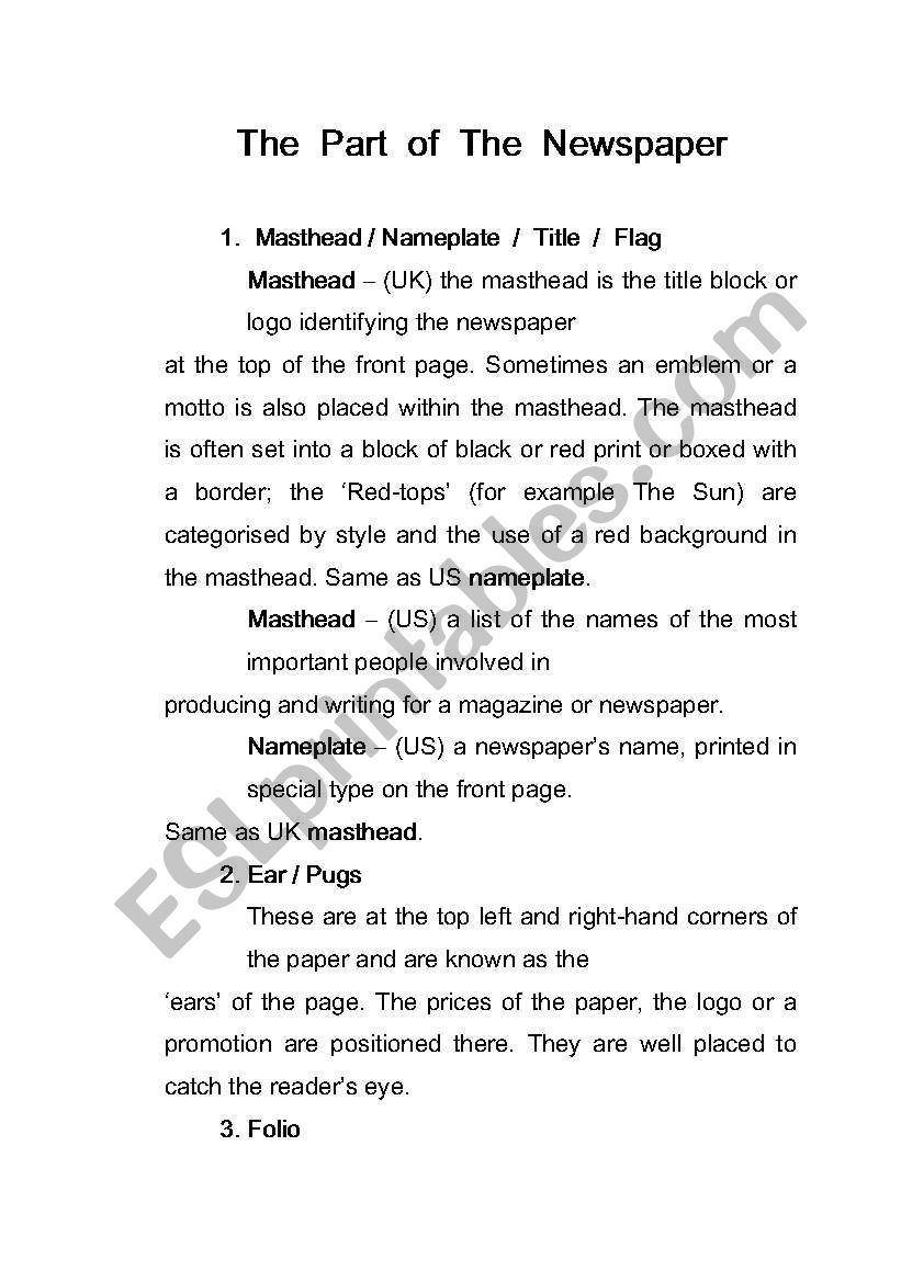 parts of newspaper worksheet