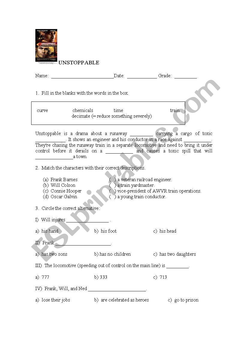 Movie Activity : Unstoppable worksheet