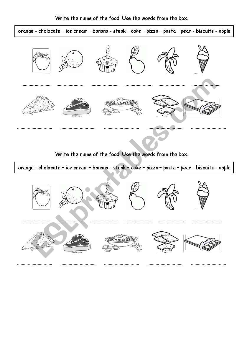 Write the names of the food worksheet