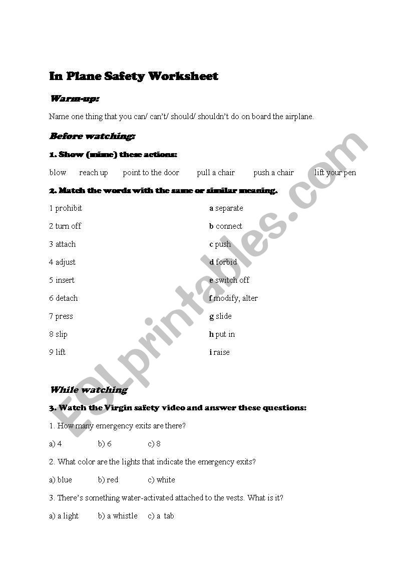 Inflight safety videos worksheet