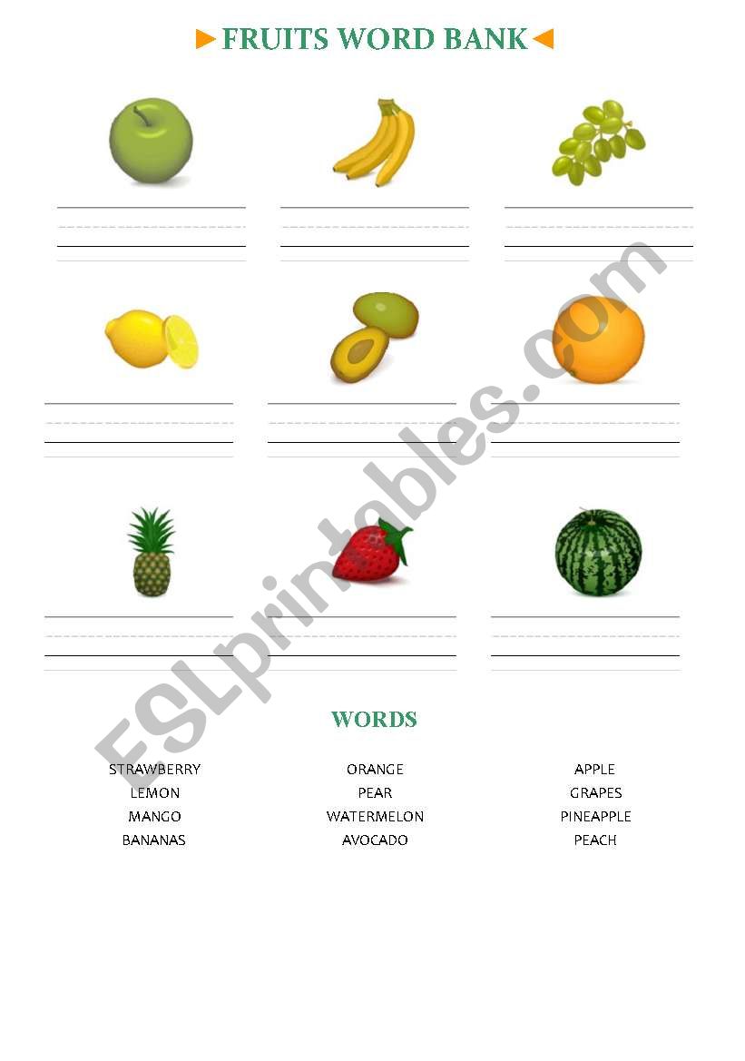 Fruits Word Bank worksheet