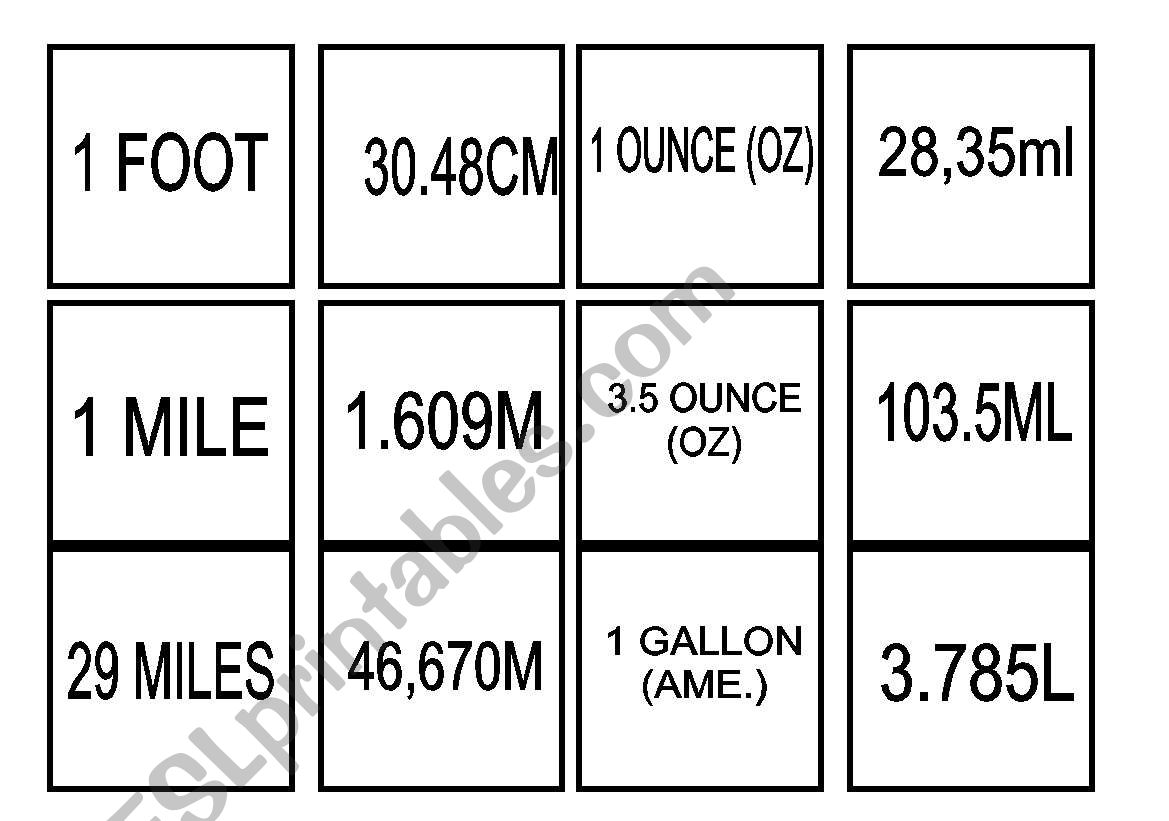 Measures memory game worksheet