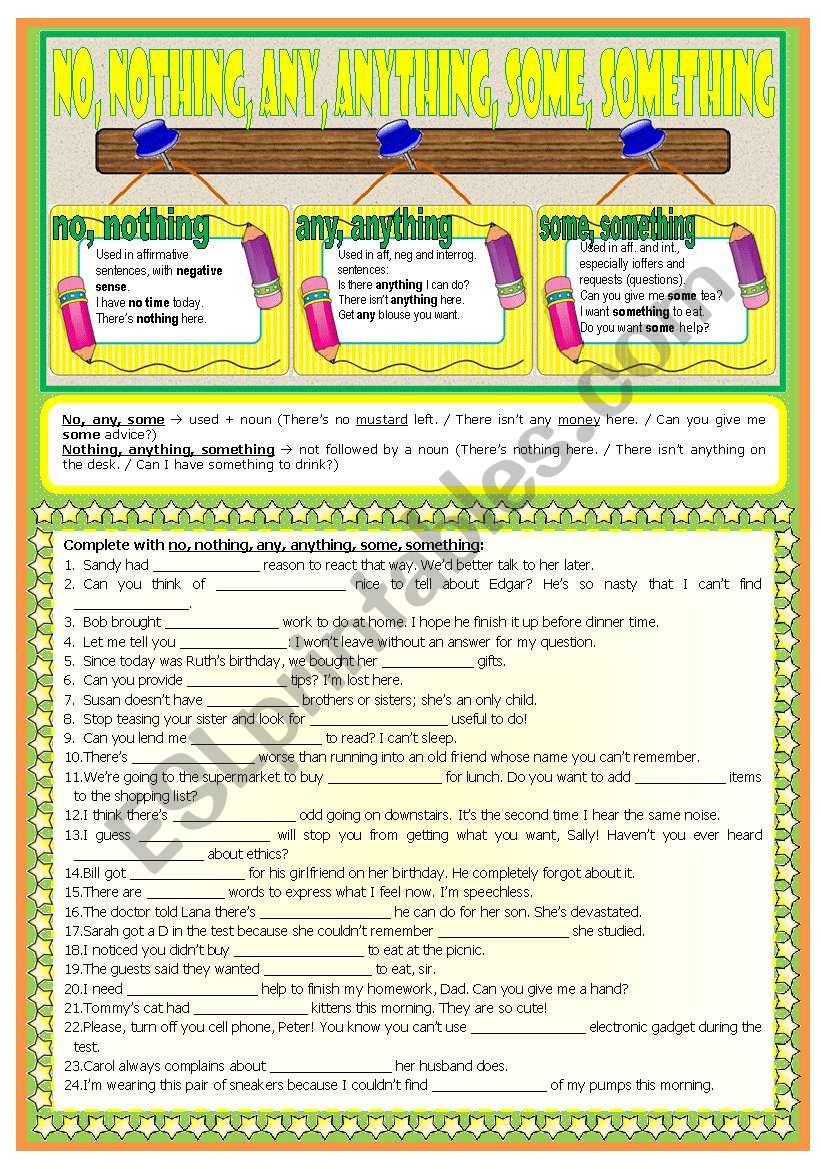 No, nothing, any, anything, some, something  rules  examples  exercises  B&W version  teachers handout with keys  3 pages  editable