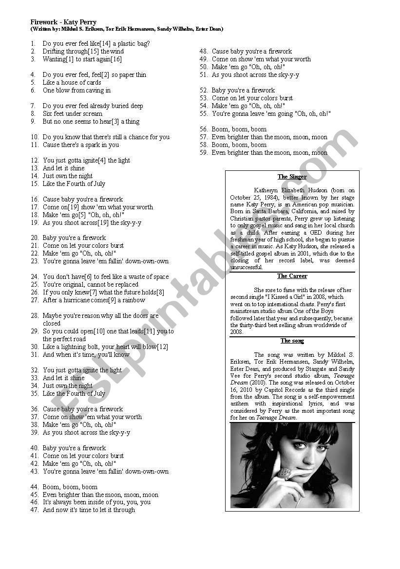 Firework - Katy Perry worksheet