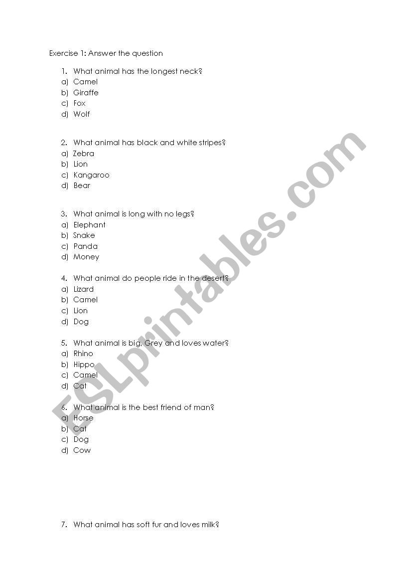 Animal test worksheet