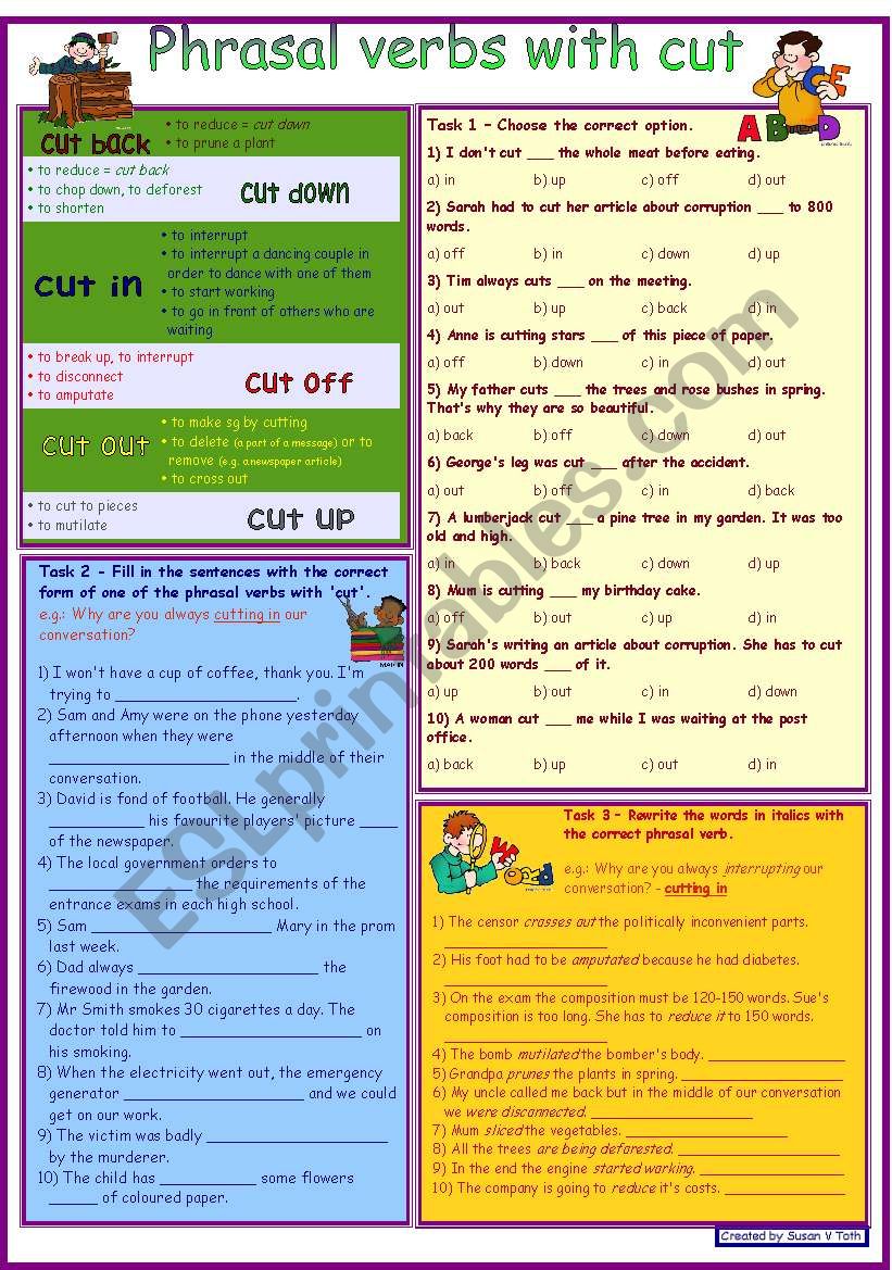 Phrasal verbs with CUT *** with dictionary *** 3 tasks *** with key *** fully editable *** B&W version