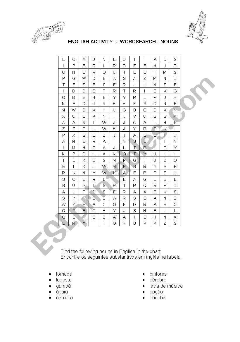 wordsearch: some nouns worksheet