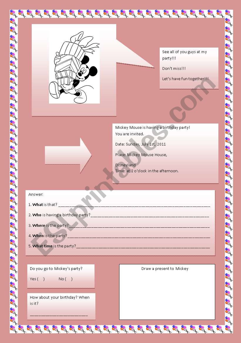 Invitation for Mickeys party worksheet