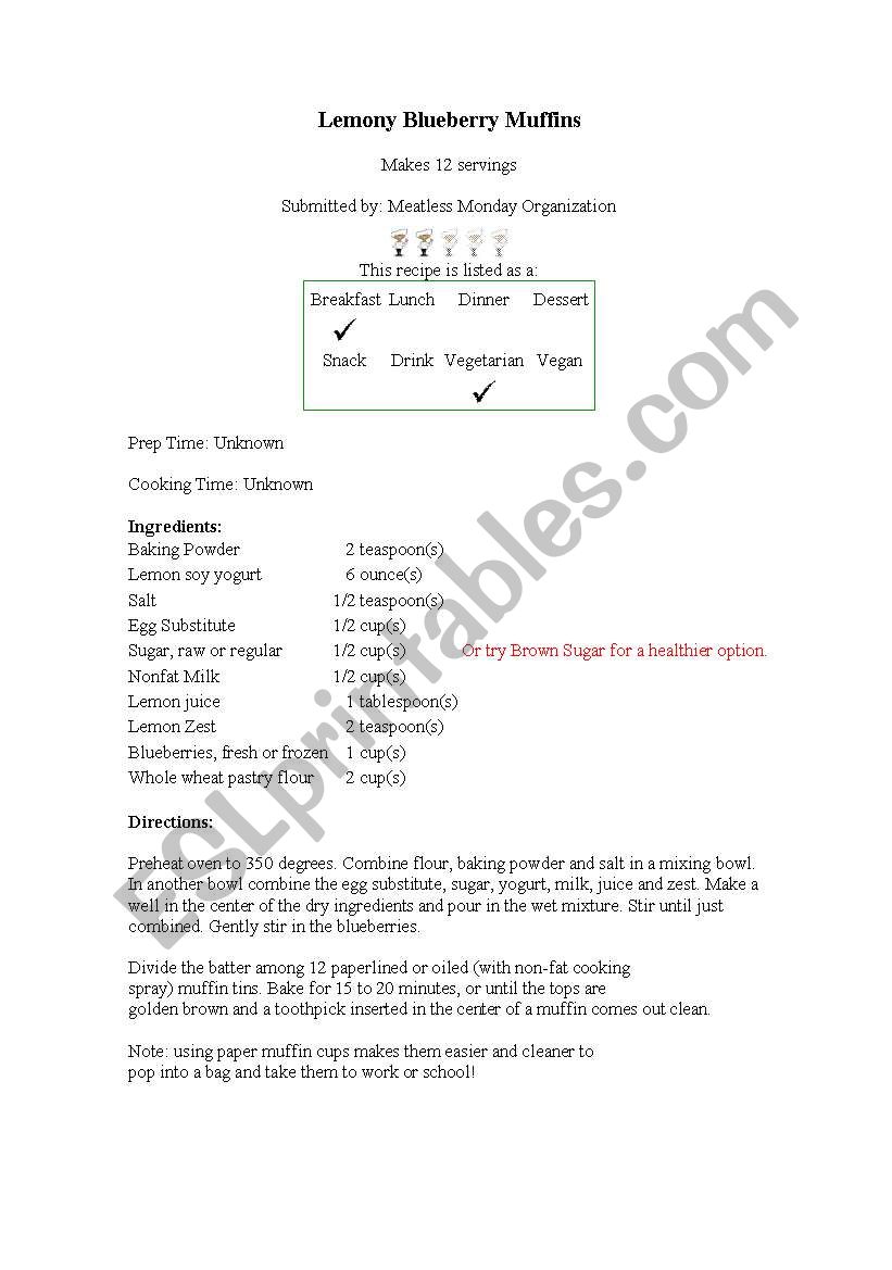 Breakfast recipe worksheet