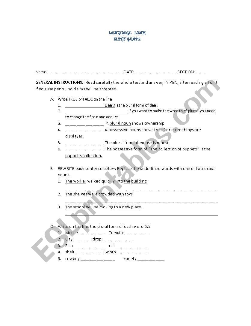 grammar test worksheet