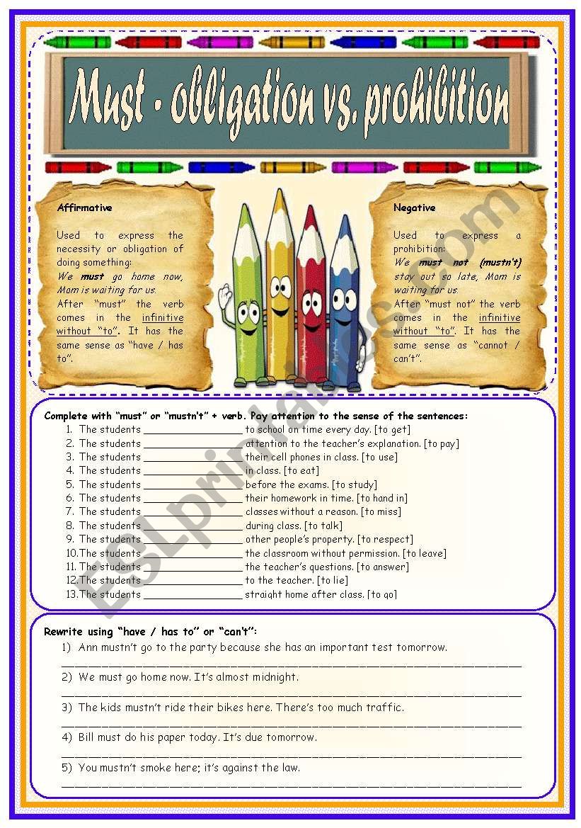 Must  obligation vs. prohibition  rules  examples  exercises  B&W version  teachers handout with keys  3 pages  editable