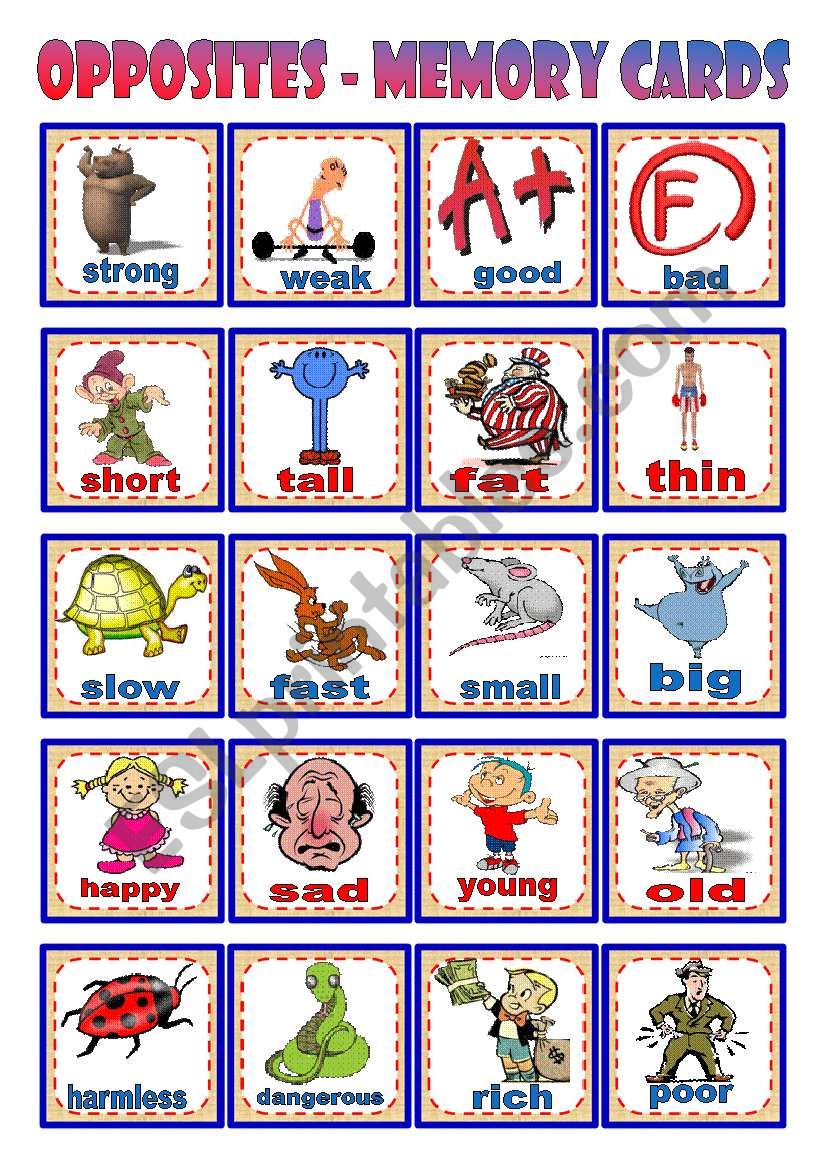 Opposites â€“ Memory cards â€“ 20 cards (pictures + words) â€¢ B&W version â€¢ cut & glue exercise â€¢ 3 pages â€¢ editable