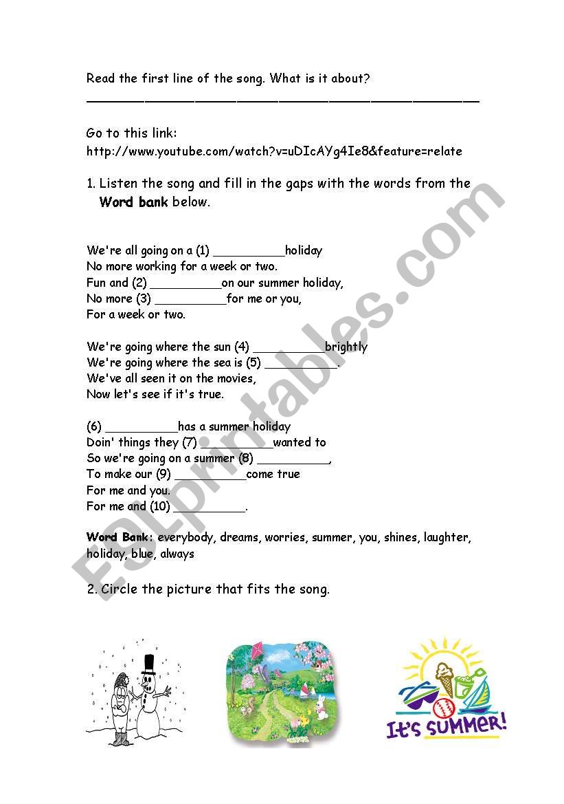 Summer Holiday Song - 2 pages worksheet