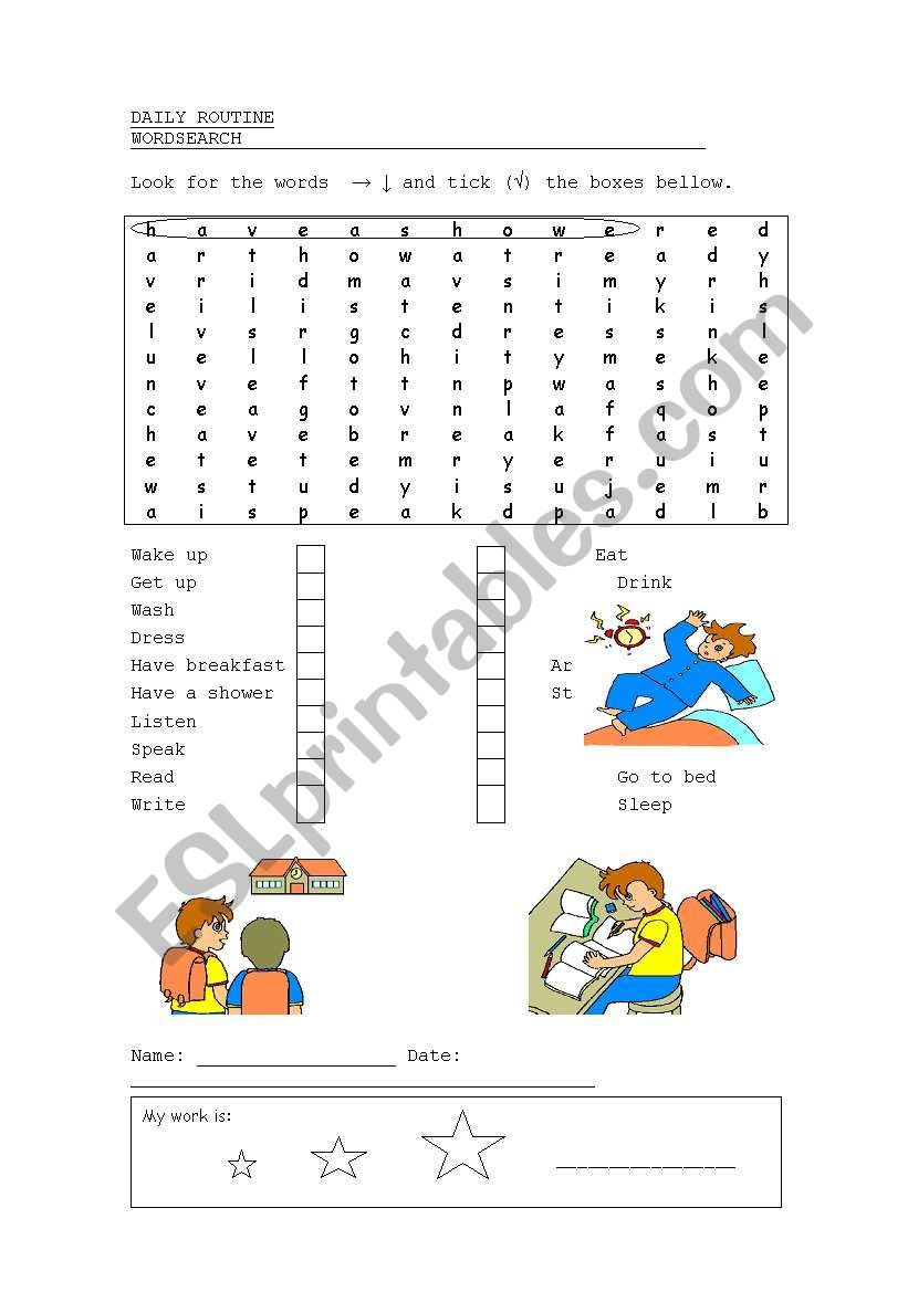 Daily Routine Wordsearch worksheet