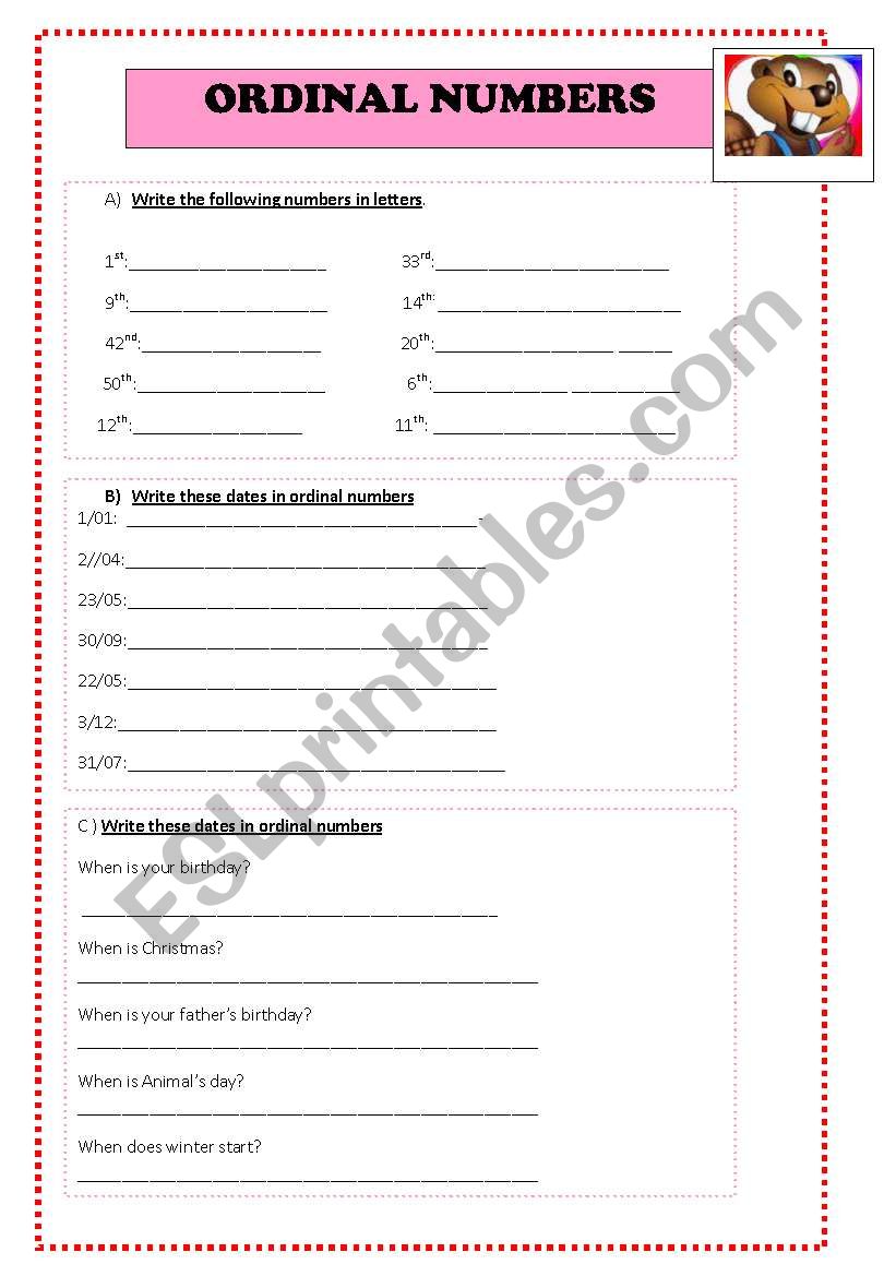 ordinal numbers and Dates worksheet