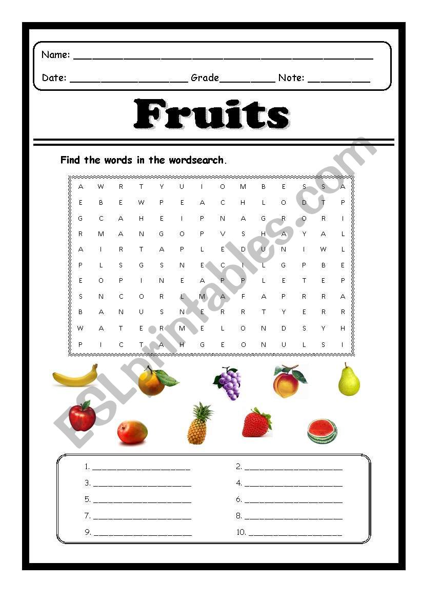 FRUITS worksheet
