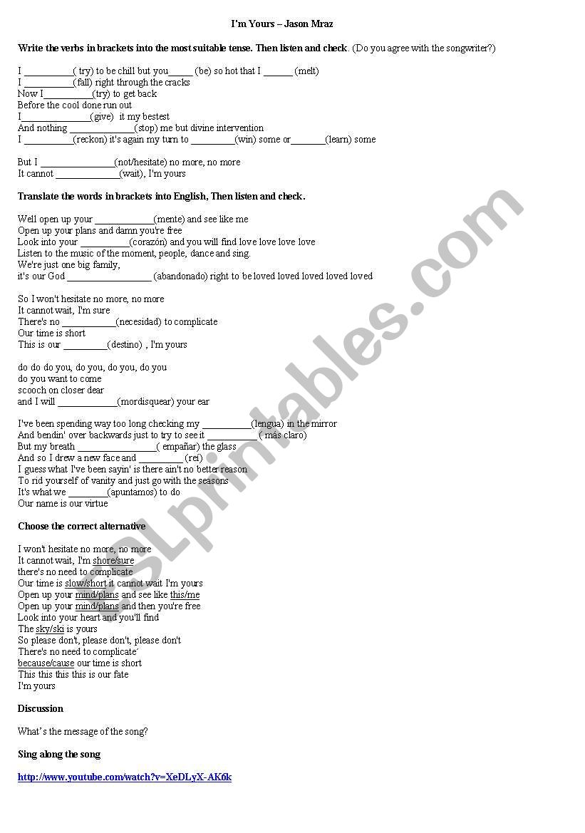 Im yours - Jasom Marz worksheet