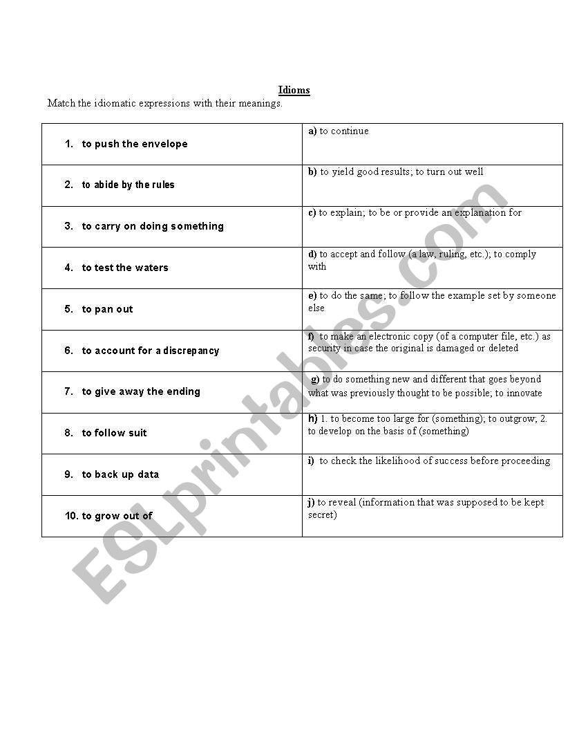 Idioms 1 worksheet Idioms 1 worksheet