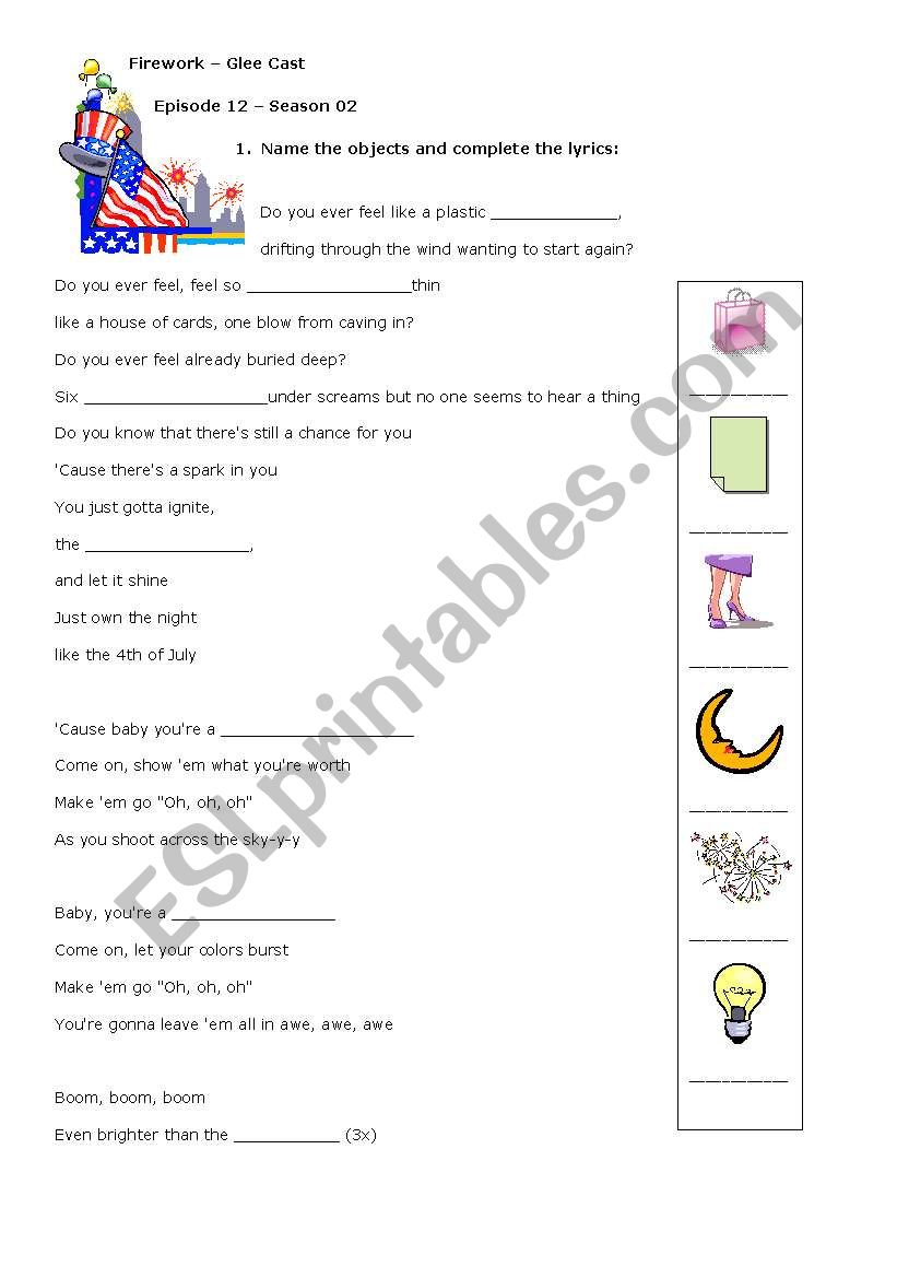 Firework, Glee, Katy Perry worksheet