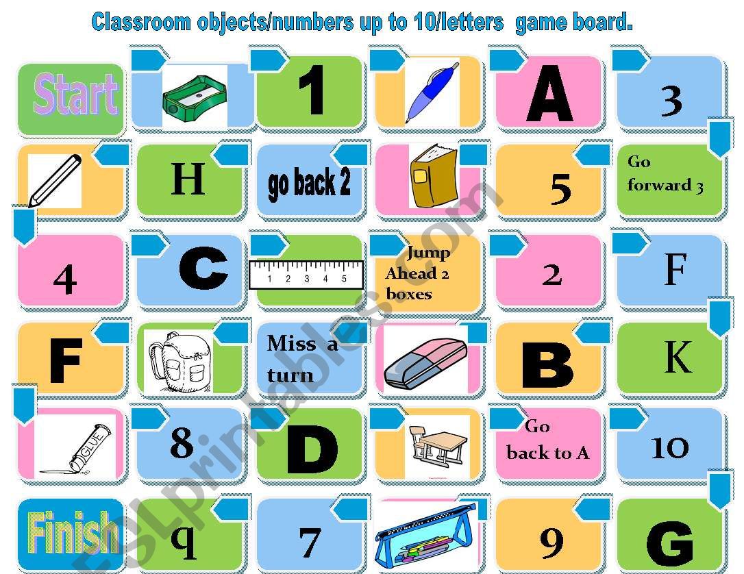classroom objects board game worksheet