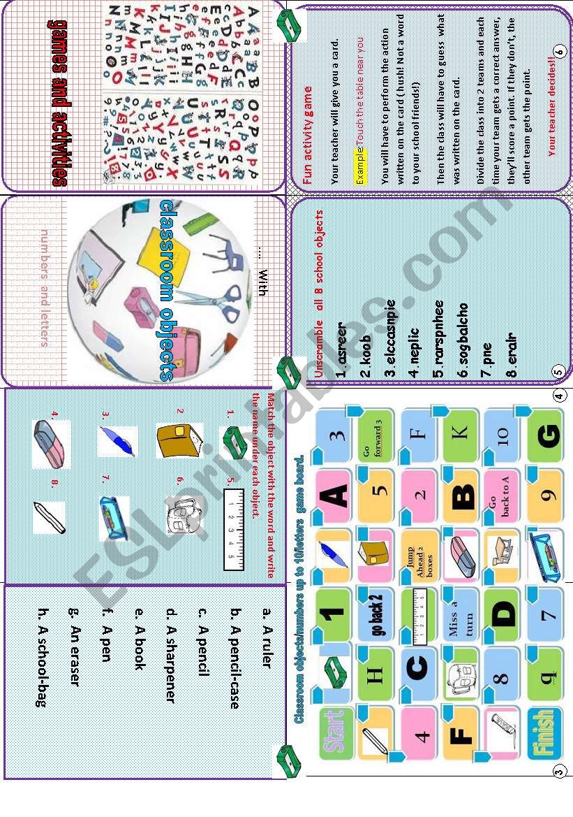 my classroom objects minibook( games and activities to revise classroom objects)