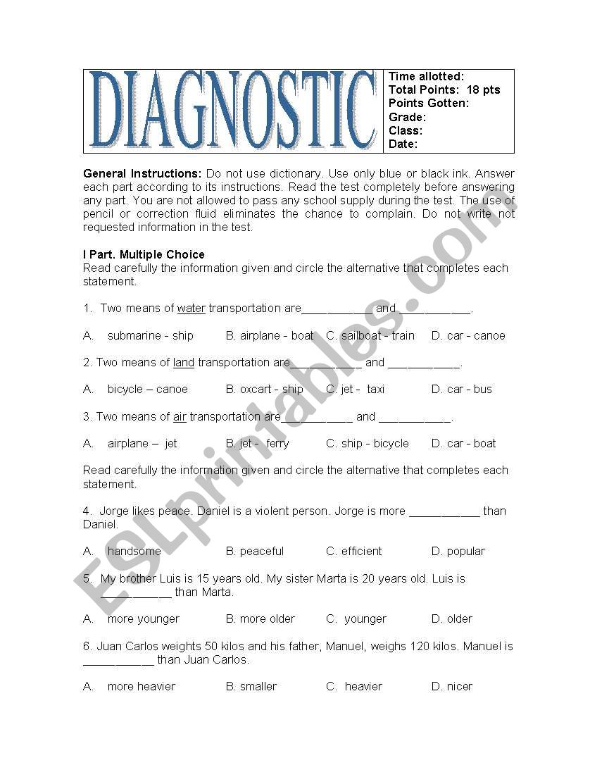 DIAGNOSTIC TEST worksheet