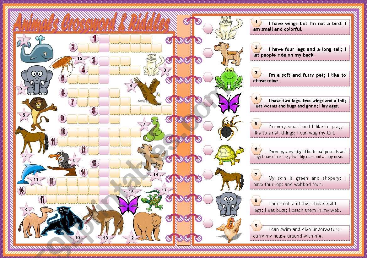 Animals Crosswords & Riddles â€¢ teacherâ€™s handout with keys â€¢ 2 pages â€¢ editable