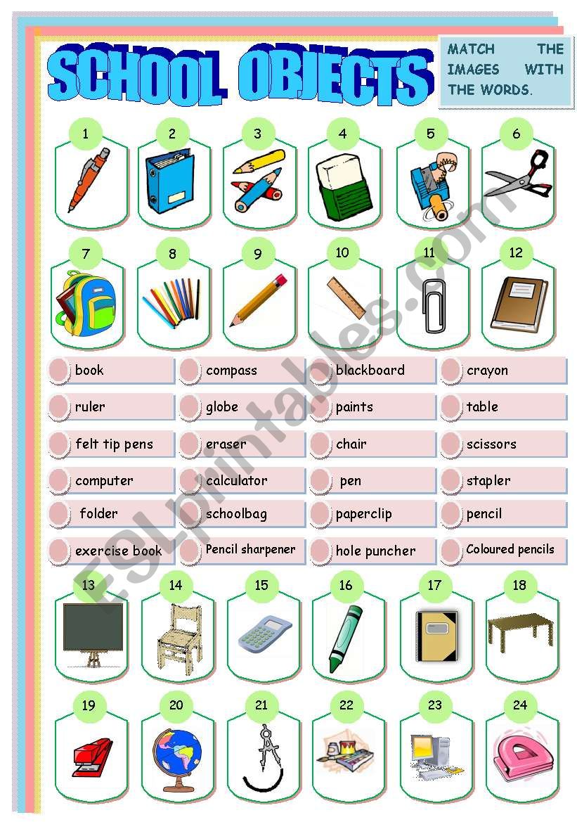 SCHOOL OBJECTS MATCHING worksheet