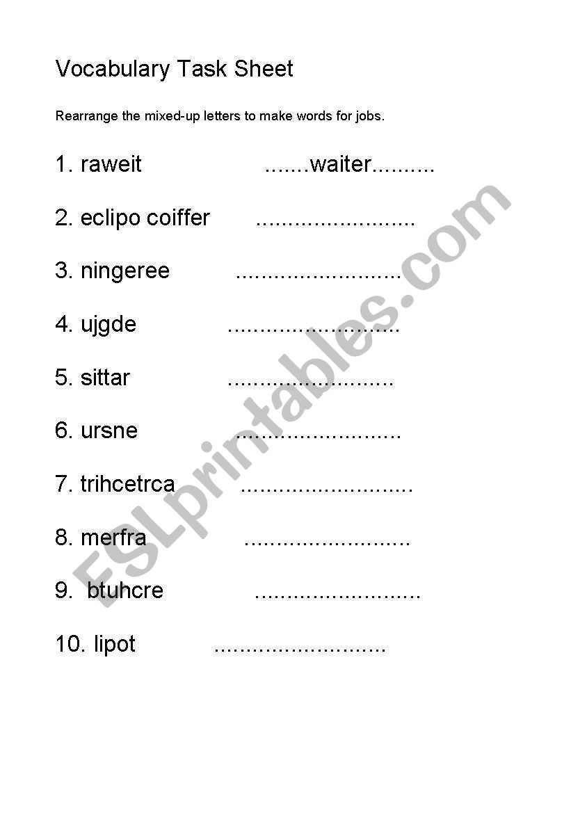 Jobs Spelling worksheet