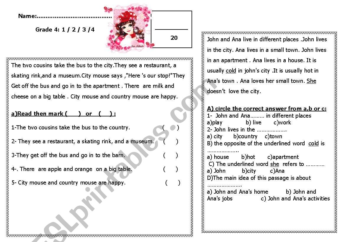 reading exam worksheet