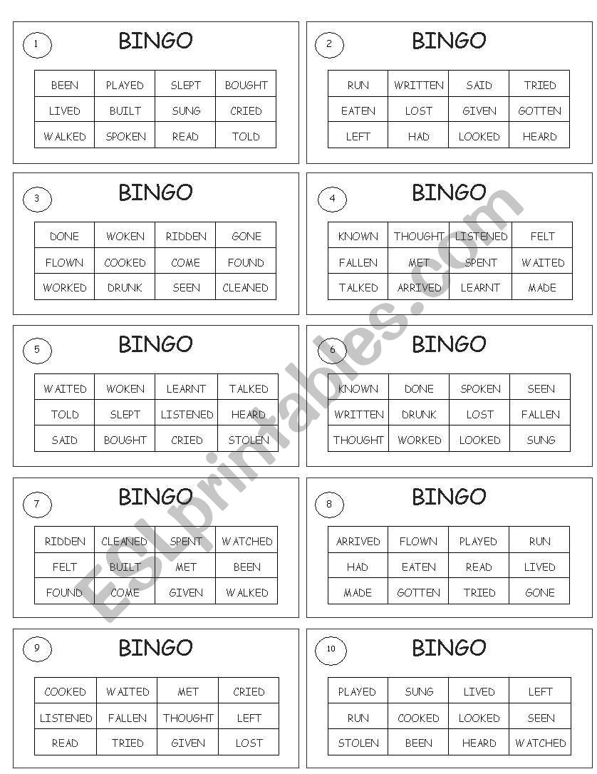 BINGO VERBS IN PARTICIPLE worksheet