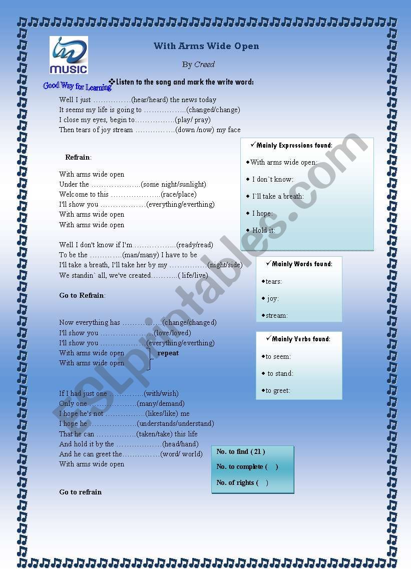 Song: With Arms Wide Open worksheet