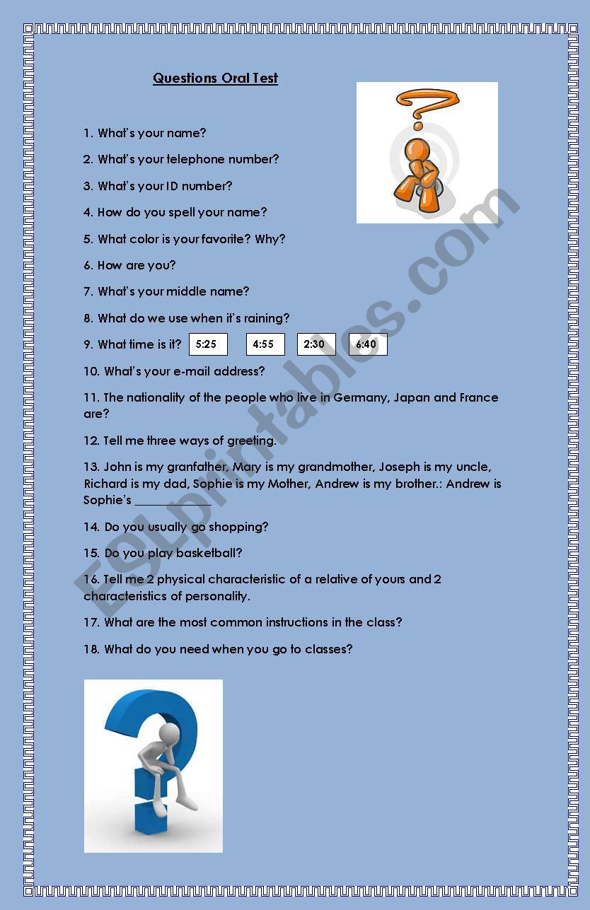 Questions for oral practice worksheet