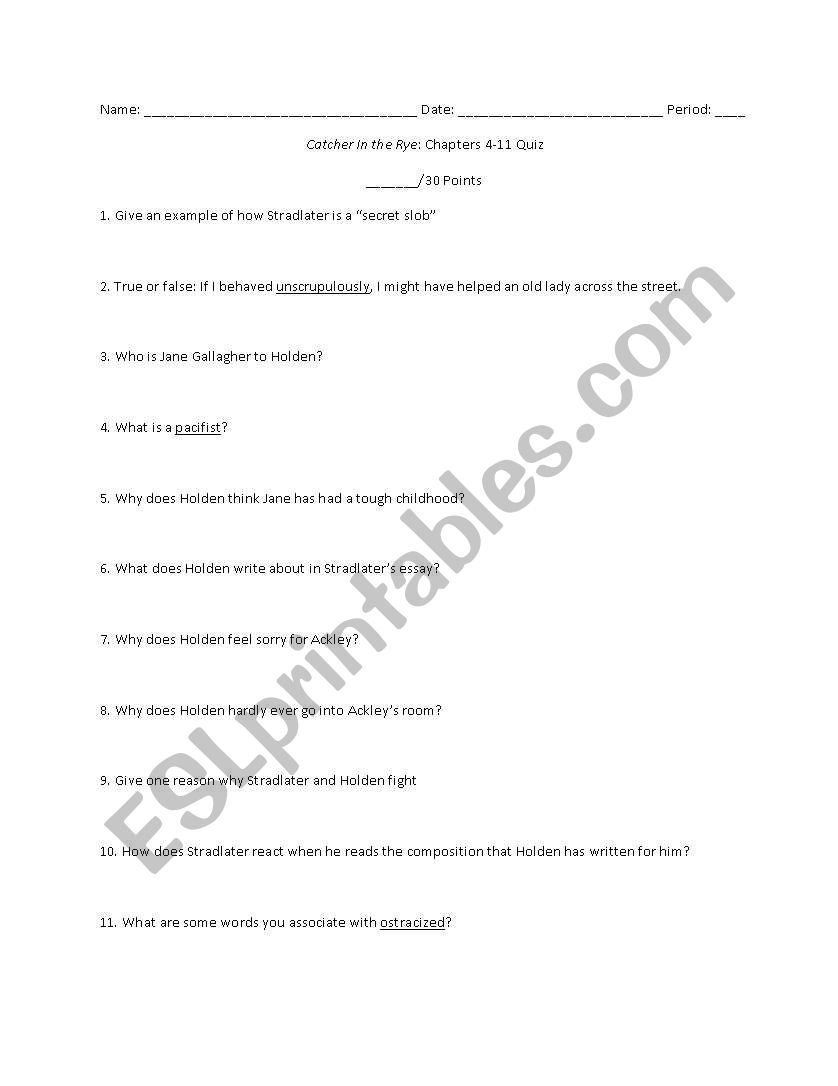 Catcher in the Rye: Ch. 4-11 Quiz
