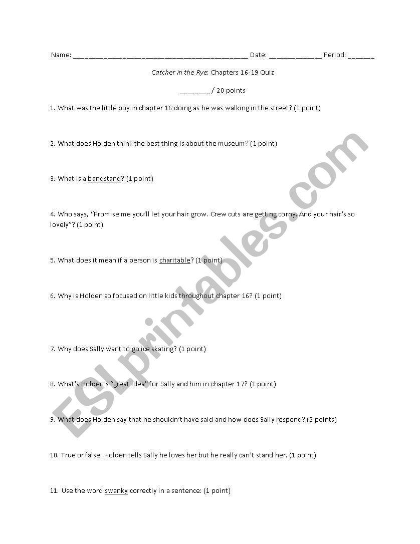 Catcher in the Rye: Ch. 12-15 Quiz