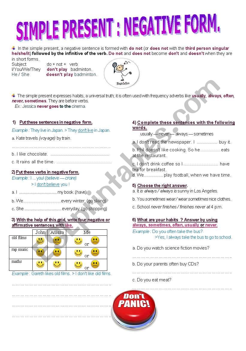 Present Simple: Negative form and Frequency adverbs, Lesson + exercises.