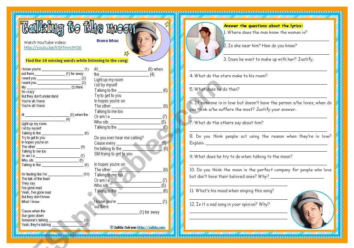 Songs4Class: Talking to the moon (Bruno Mraz) â€“ listening â€¢ comprehension â€¢ writing â€¢ keys â€¢ 2 pages â€¢ editable