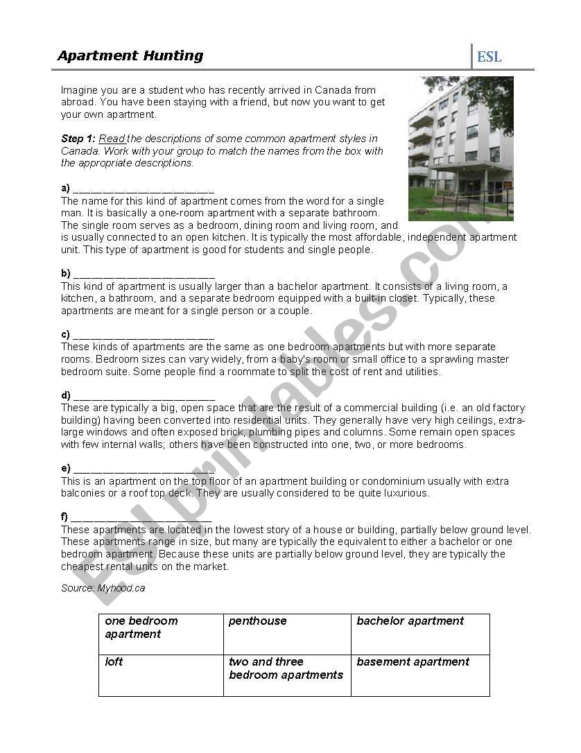 Apartment Hunting in Canada worksheet