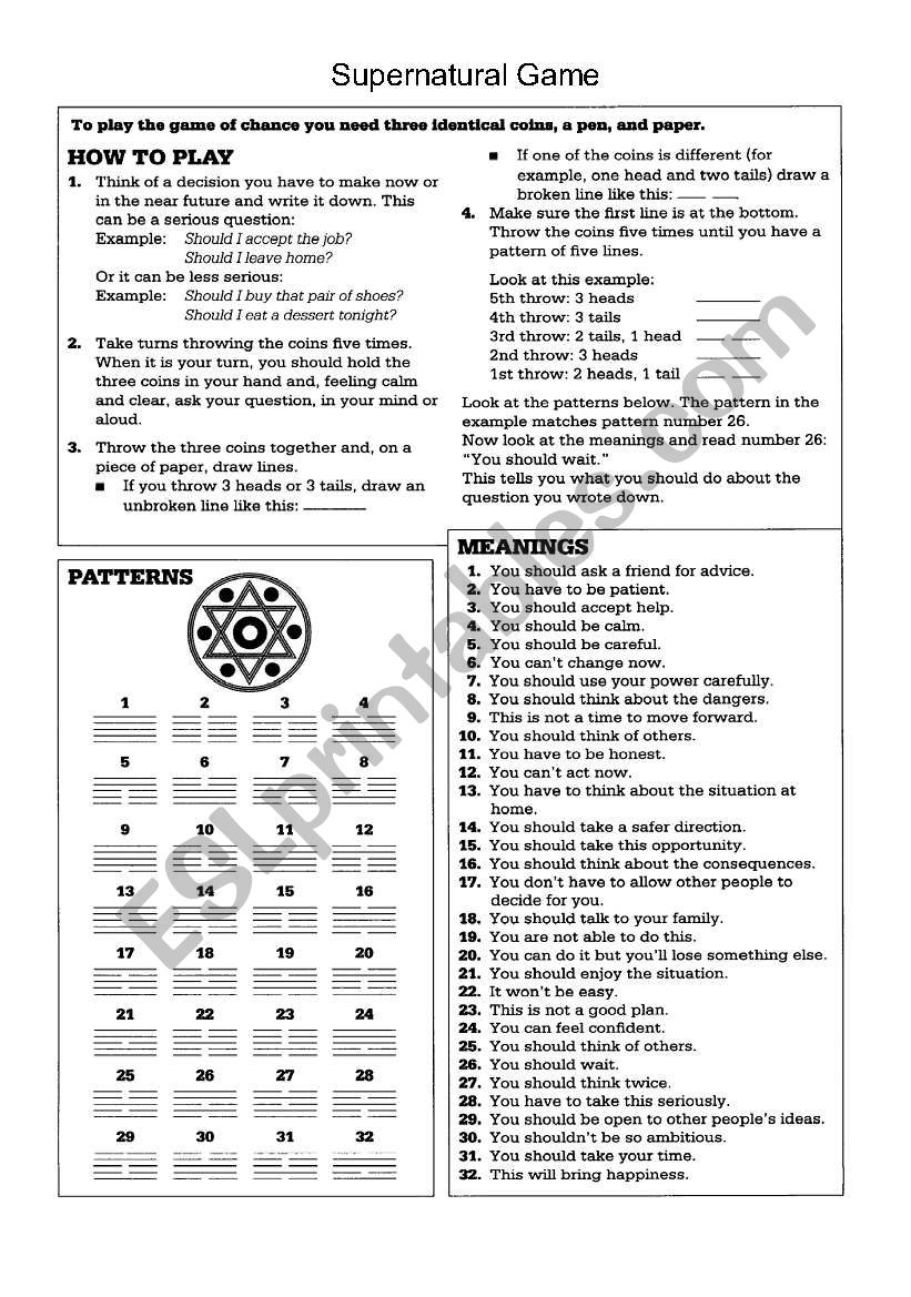 Supernatural Game worksheet