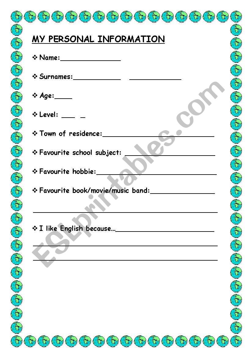 My personal information worksheet