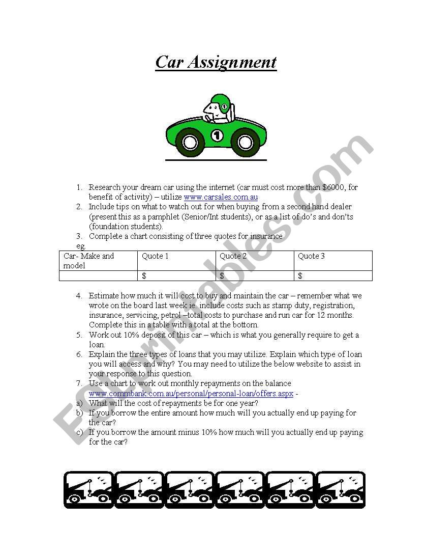 my car assignment worksheet answers