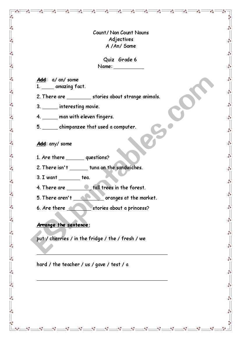 English Worksheets Count Non Count Nouns
